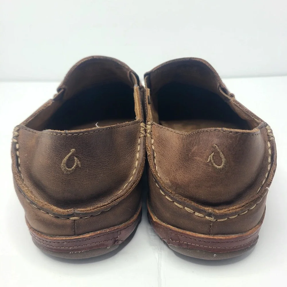 OluKai Moloa Mens 13 Leather Slip On Drop In Heel Shoes Toffee Loafers